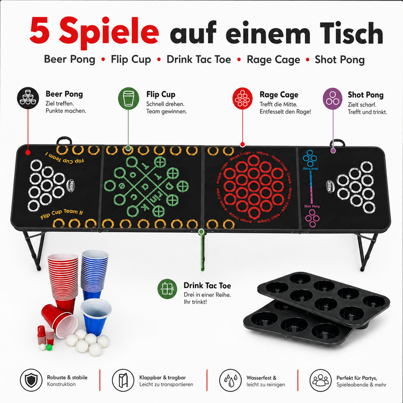 Beer Pong Tisch Set 'Mutligame' inkl. 60 Bechern, 6 Bällen & Racks