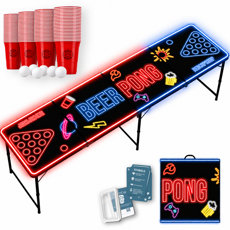 Beer Pong Tisch Set 'LED' inkl. 50 Bechern, 6 Bällen & Trinkspiel