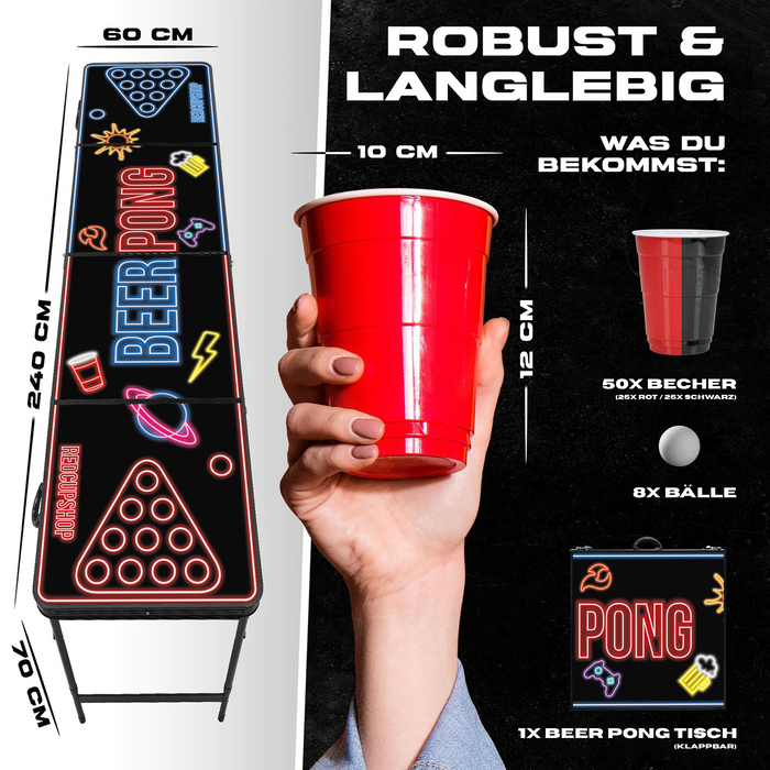 Beer Pong Tisch Set "LED" inkl. 50 Becher & 6 Bälle