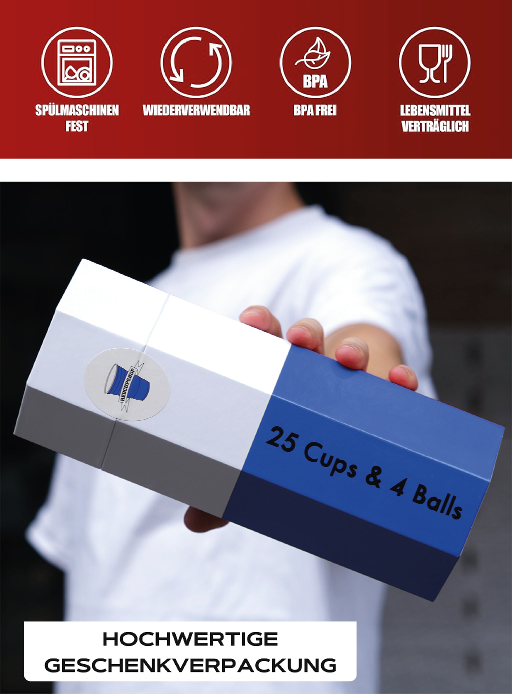 RedCupShop Beer Pong Becher Set Blau (25x & 4 Bälle)