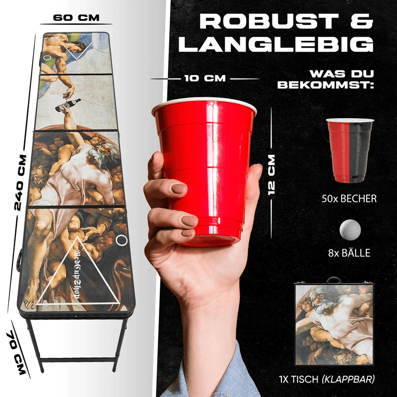 RedCupShop Beer Pong Tisch Set "Schaffung des Bieres" inkl. 50 Becher & 8 Bälle