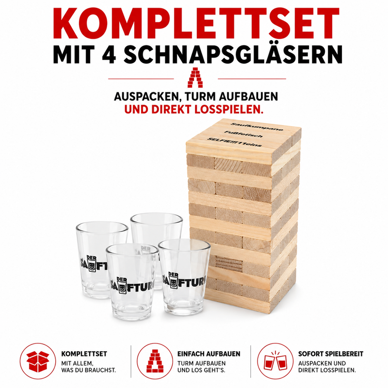 Trinkspiel 'Saufturm' inkl. 4 Shot Gläser