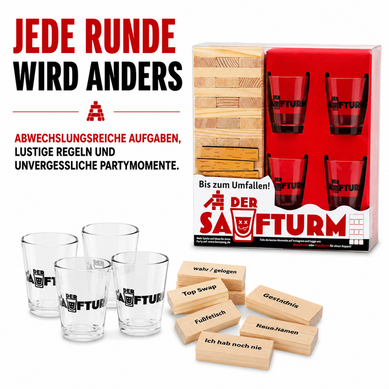 Trinkspiel 'Saufturm' inkl. 4 Shot Gläser